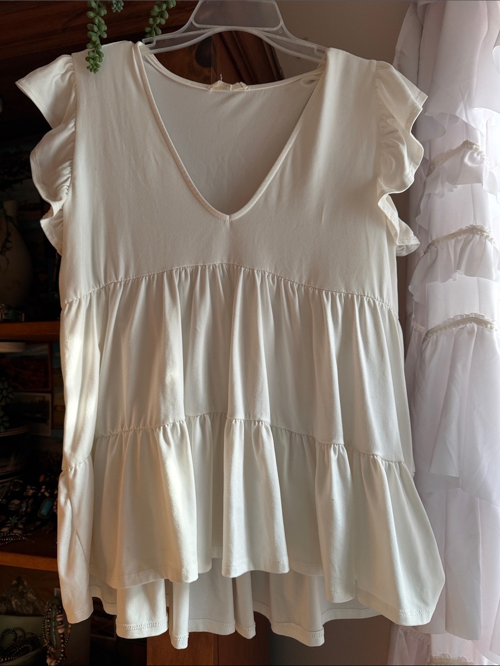 entro Ivory V-Neck Tiered Ruffle Sleeve Blouse